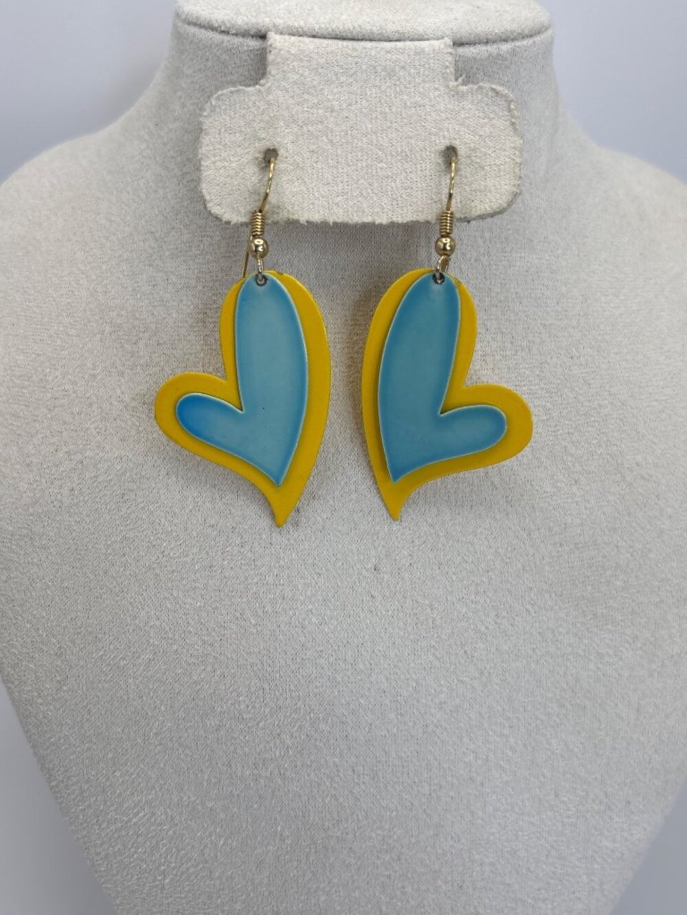 Vintage Layered Heart Drop Dangle Enameled Earrings Blue Yellow